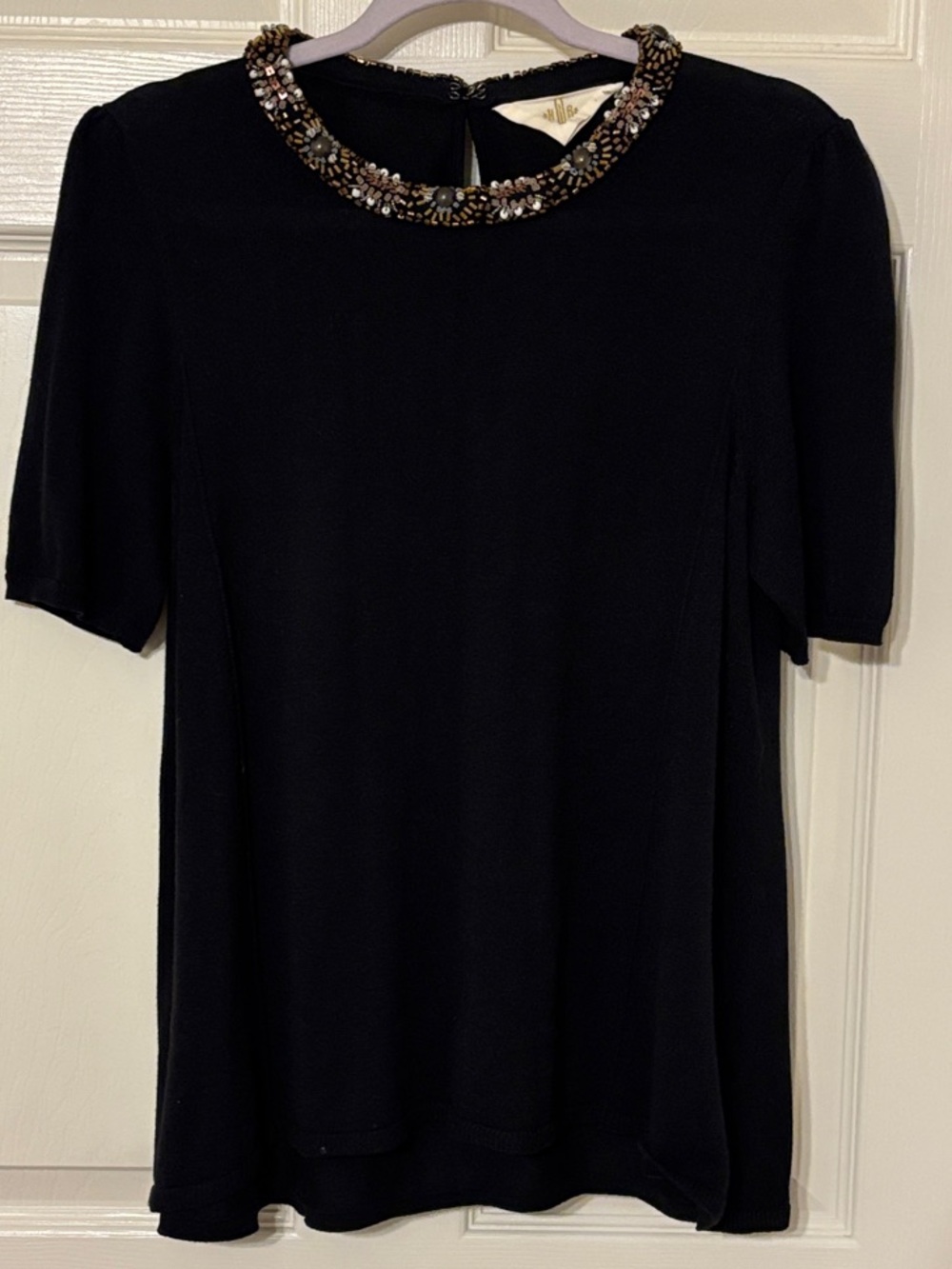 Anthropologie HWR Black Short Sleeve Cotton Silk Blend Top with Beaded Collar